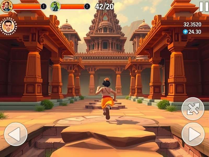 Temple Explorer Run gameplay screenshot showing character running through ancient Indian temple